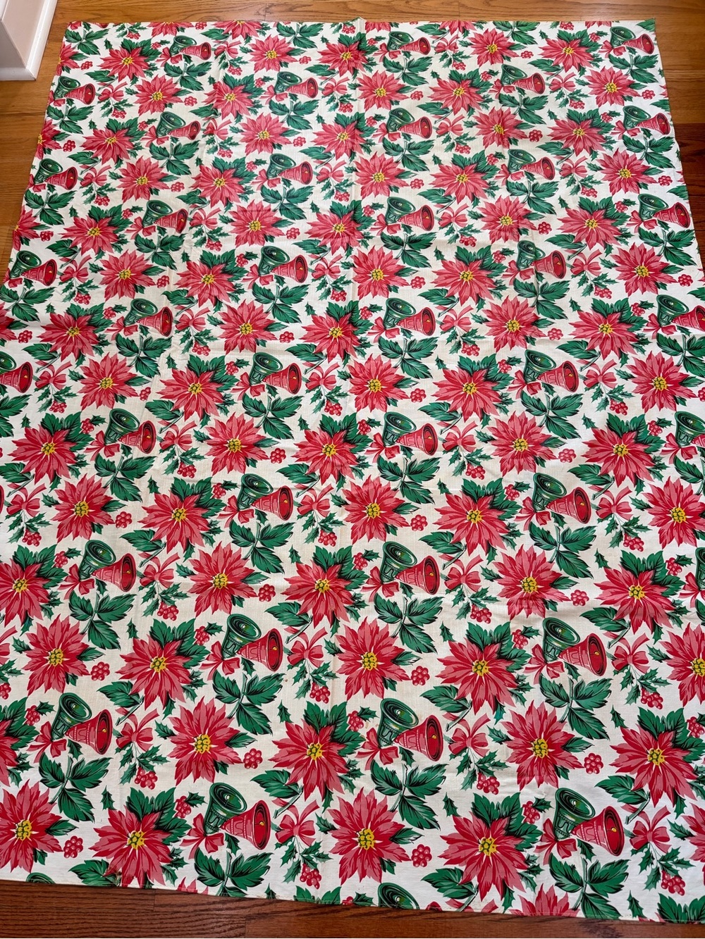 Vintage 1960s vinyl flannel back Christmas tablecloth rectangle 65x51” retro MCM